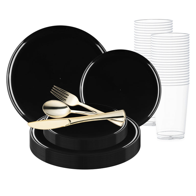 Black Flat Round Disposable Plastic Wedding Value Set