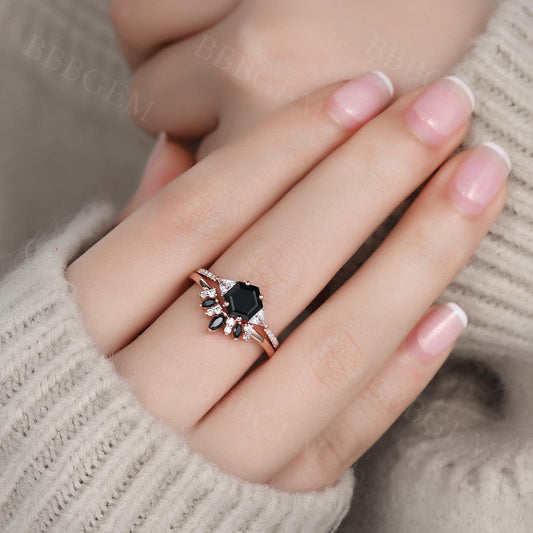 Hexagon Black Onyx Engagement Ring Three Stone Moissanite Black Onyx Jewelry