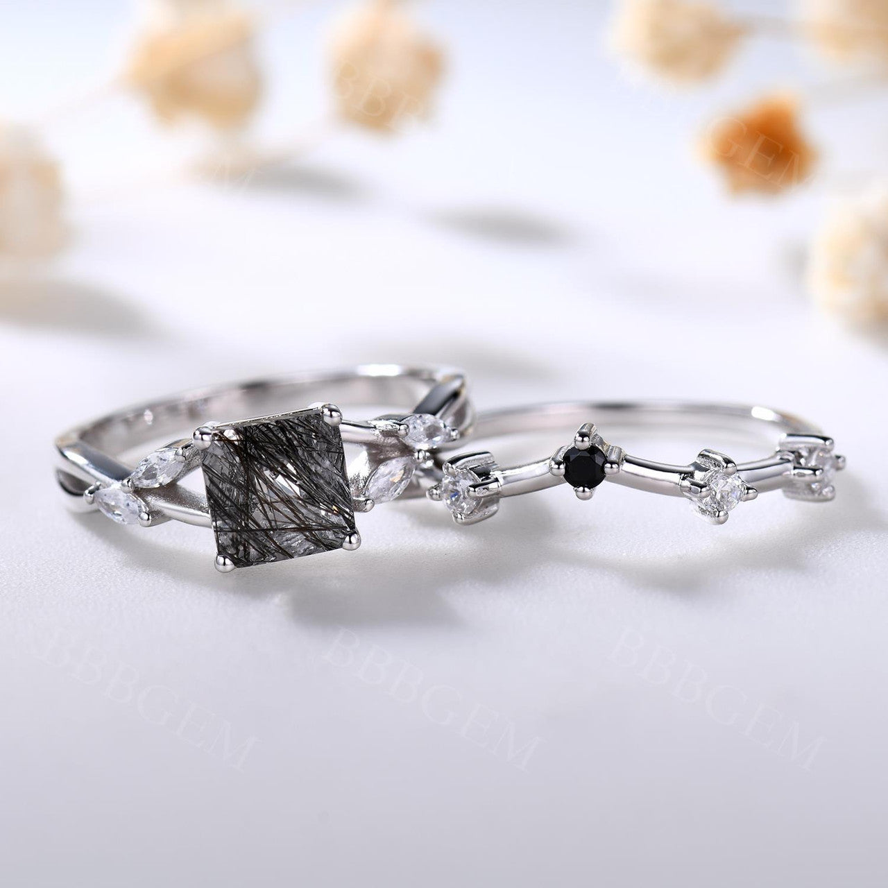 1 Carat Black Rutilated Quartz Wedding Ring Set Black Onyx Diamond Ring