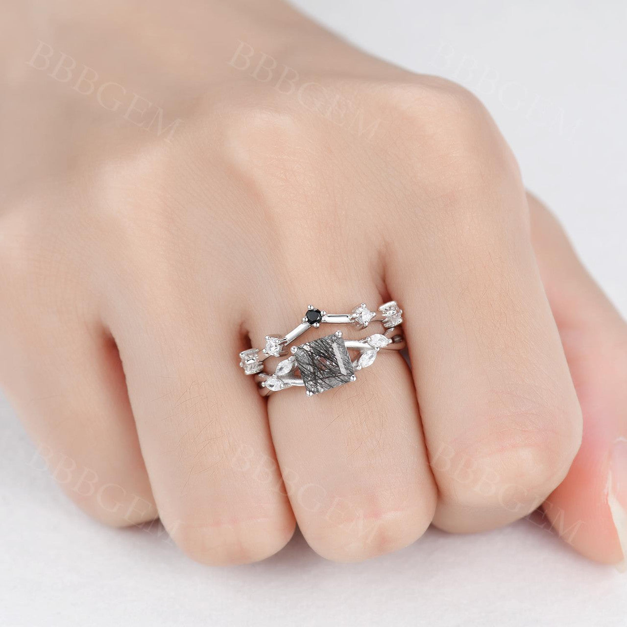 1 Carat Black Rutilated Quartz Wedding Ring Set Black Onyx Diamond Ring