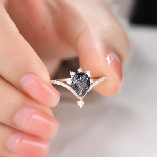 14K/18K Unqiue Art Deco Black Rutilated Quartz Engagement Rings 1.2 CT