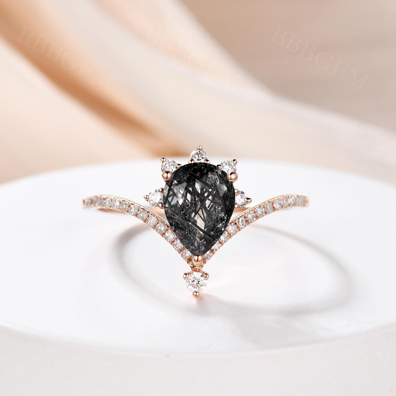 14K/18K Unqiue Art Deco Black Rutilated Quartz Engagement Rings 1.2 CT