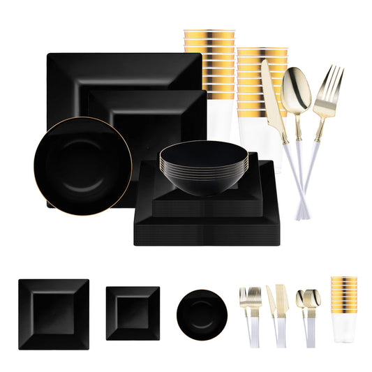 Black Square Disposable Plastic Tableware Set