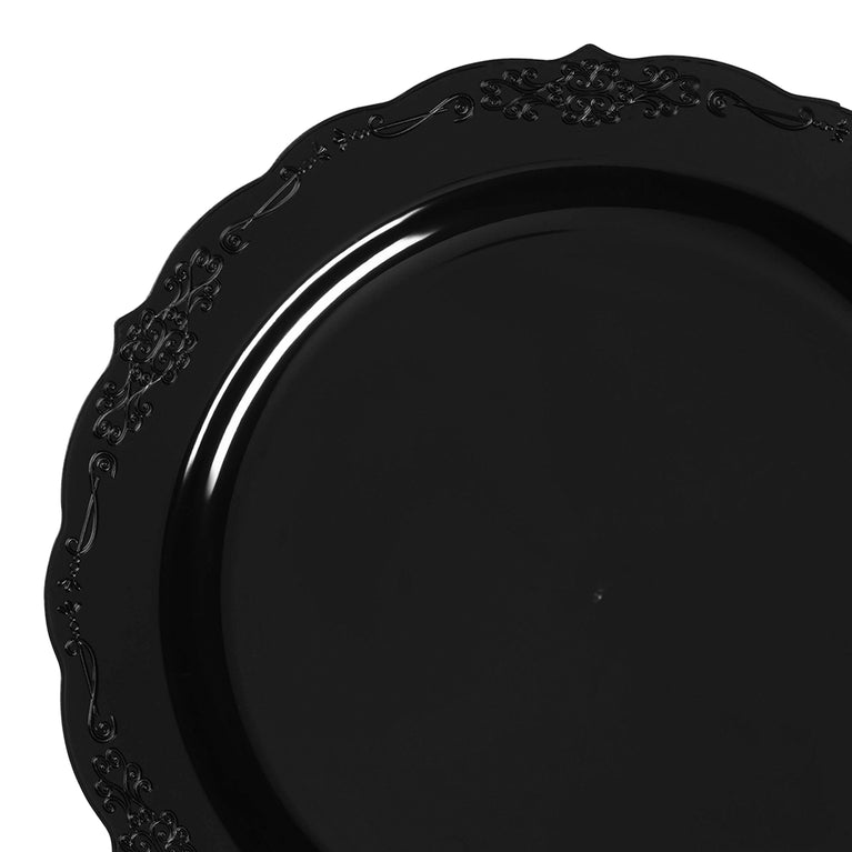 Black Vintage Rim Round Disposable Plastic Dinner Plates (10")