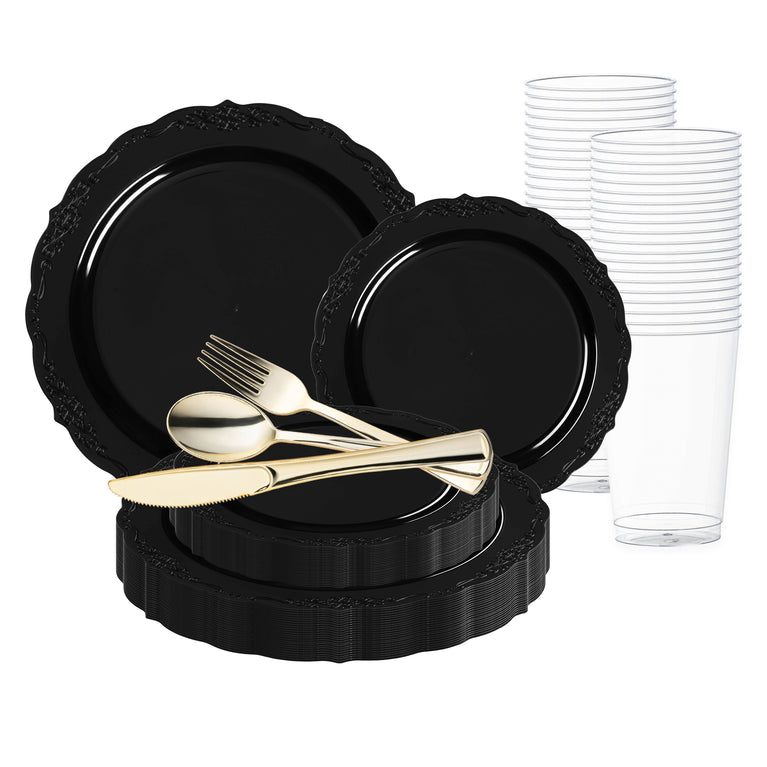 Black Vintage Rim Round Disposable Plastic Wedding Value Set