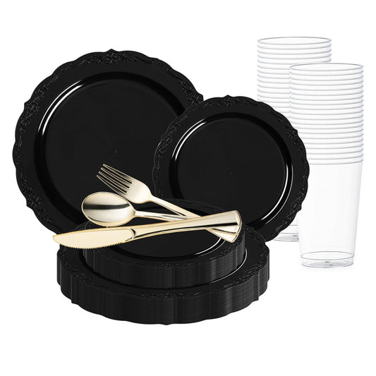 Black Vintage Rim Round Disposable Plastic Wedding Value Set