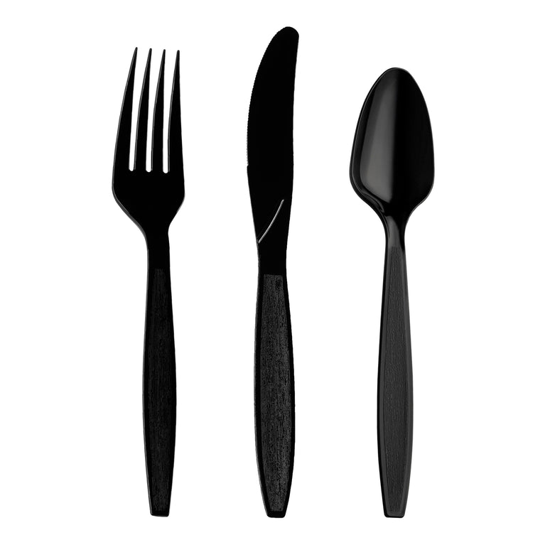 Black Disposable Plastic Cutlery Set - 100 Spoons, 100 Forks and 100 Knives