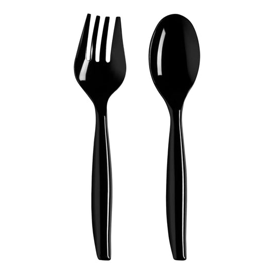 Black Disposable Plastic Serving Flatware Set - 5 Serving Spoons and 5 Serving Forks