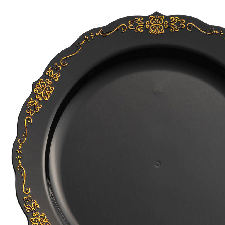 Black with Gold Vintage Rim Round Disposable Plastic Appetizer/Salad Plates (7.5")