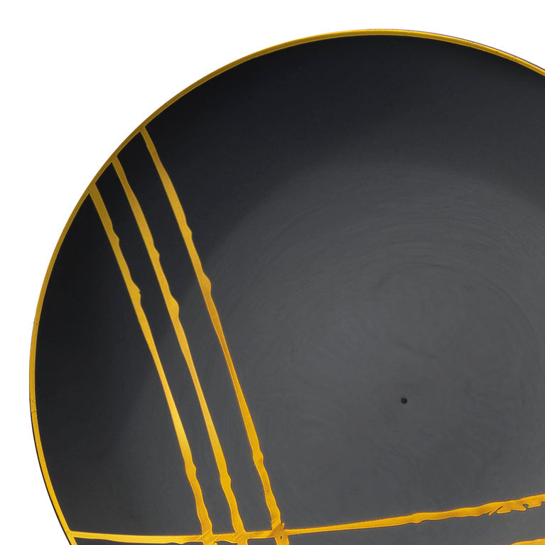 Black with Gold Brushstroke Round Disposable Plastic Appetizer/Salad Plates (7.5")