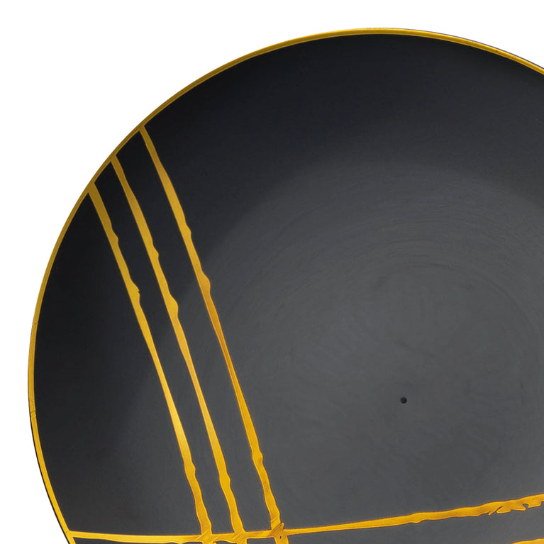 Black with Gold Brushstroke Round Disposable Plastic Dinner Plates (10.25")
