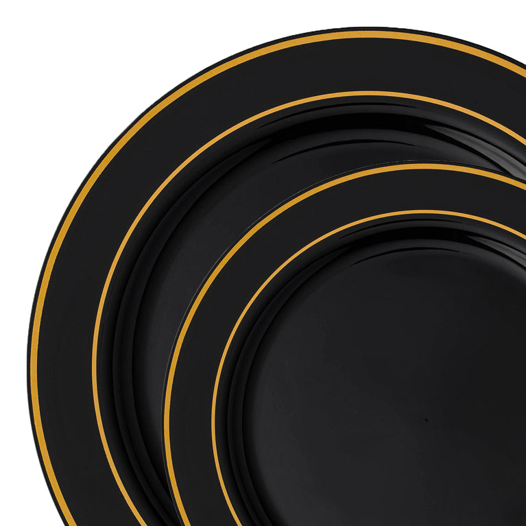 Black with Gold Edge Rim Plastic Dinnerware Value Set