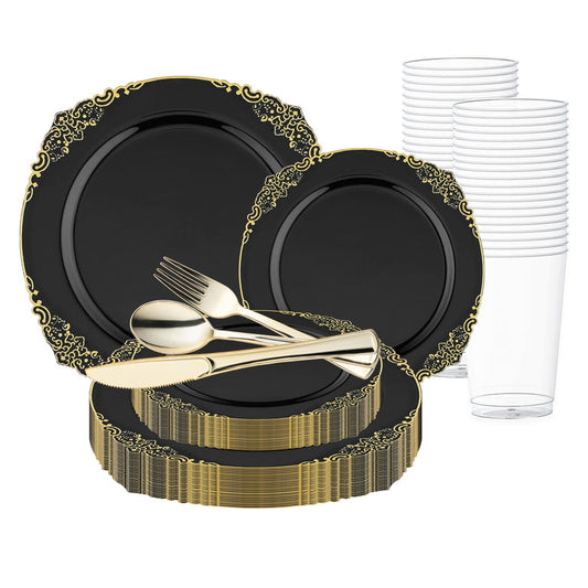 Black with Gold Fancy Round Disposable Plastic Wedding Value Set
