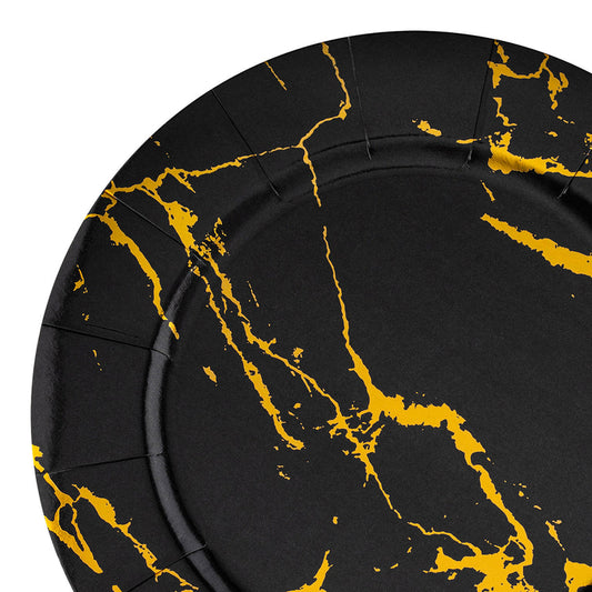 Black with Gold Marble Round Disposable Paper Charger Plates (13")