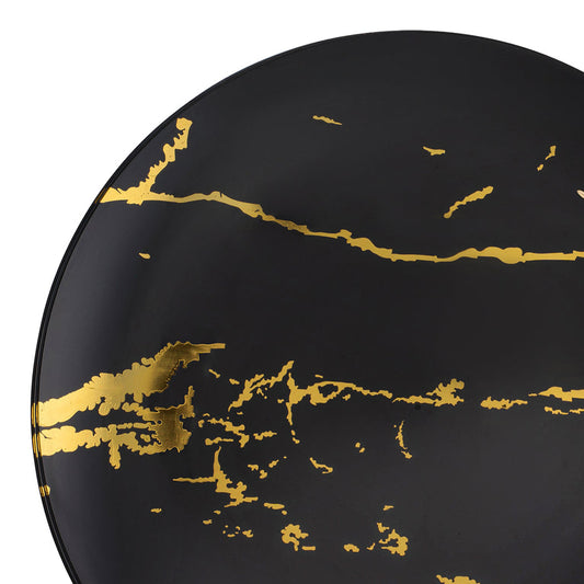 Black with Gold Marble Stroke Round Disposable Plastic Appetizer/Salad Plates (7.5")