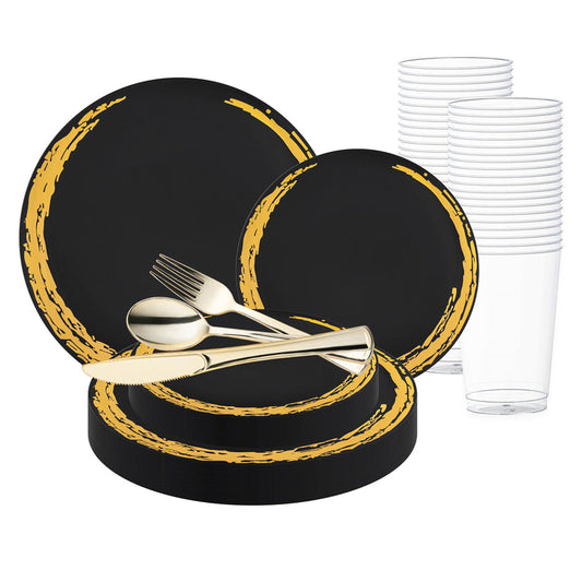 Black with Gold Moonlight Round Disposable Plastic Wedding Value Set