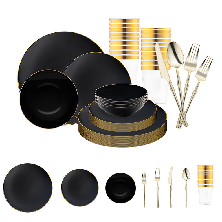 Black with Gold Organic Disposable Plastic Tableware Set