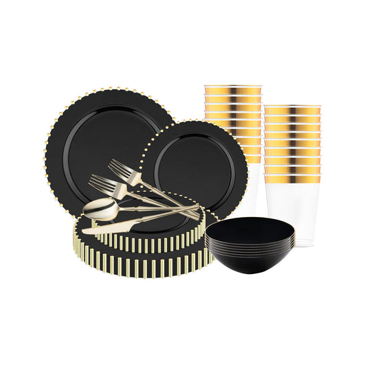 Black with Gold Pearl String Round Disposable Plastic Tableware Set