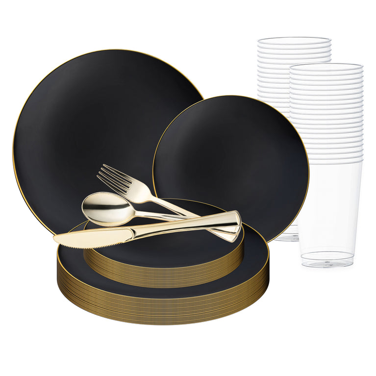 Black with Gold Rim Organic Round Disposable Plastic Wedding Value Set