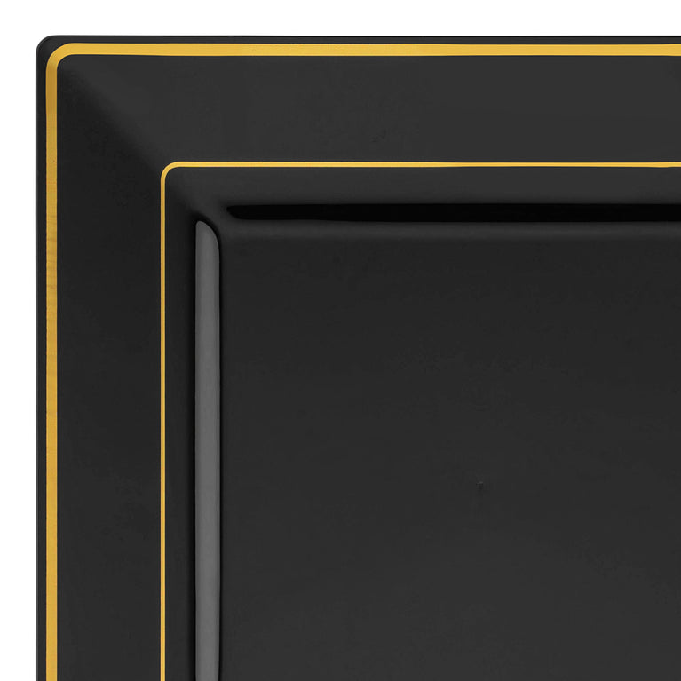 Black with Gold Square Edge Rim Plastic Dinner Plates (9.5")