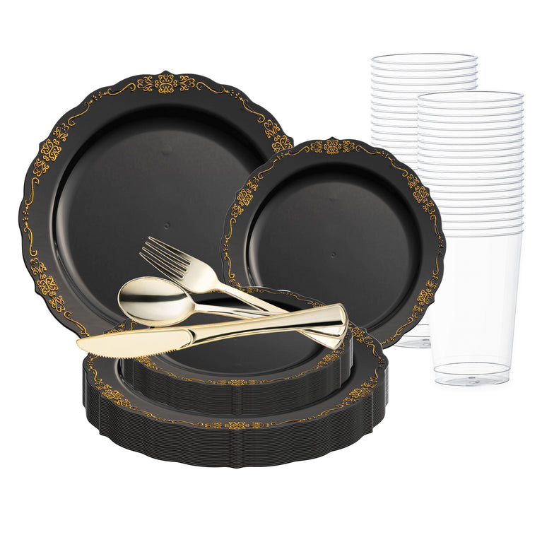 Black with Gold Vintage Rim Round Disposable Plastic Wedding Value Set