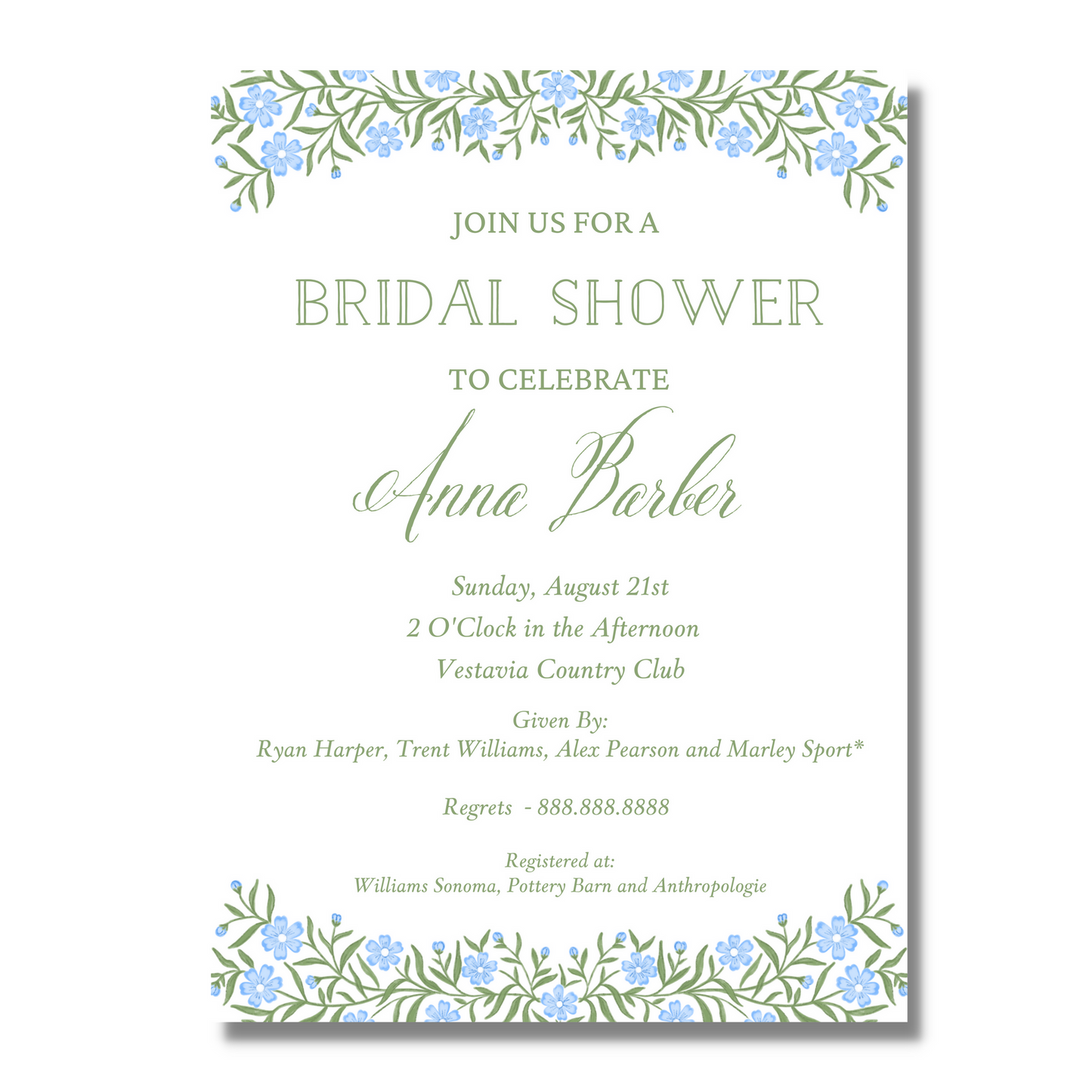 Blue Floral Garland - Bridal Shower Invite
