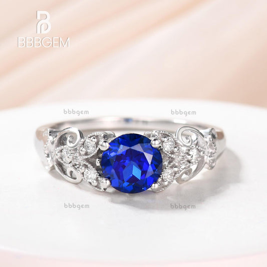 1ct 6mm Sapphire Engagement Ring Vintage Diamond Floral Ring Art Deco