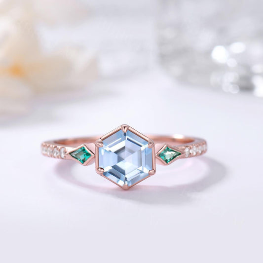 Geometric Blue and Green Hexagon Aquamarine and Kite Lab Emerald Engagement Ring Three Stones