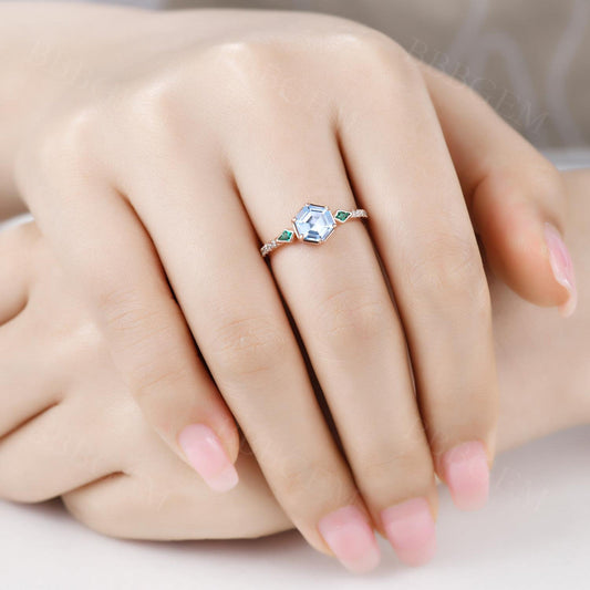 Geometric Blue and Green Hexagon Aquamarine and Kite Lab Emerald Engagement Ring Three Stones