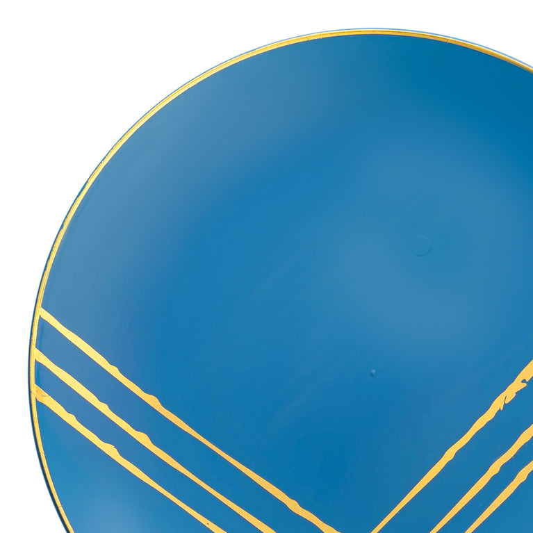 Blue with Gold Brushstroke Round Disposable Plastic Dinner Plates (10.25")