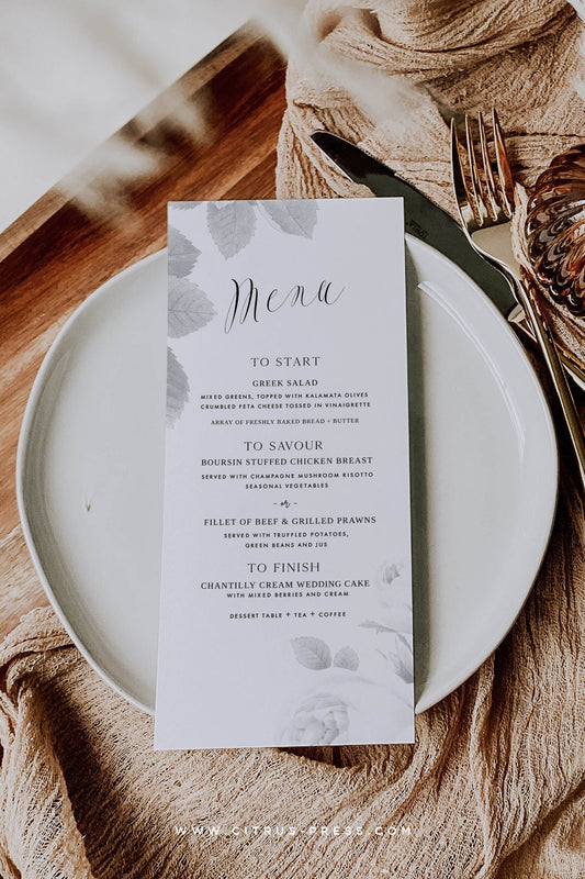 Minimal Botanical Floral Wedding Reception Menu Diy Printable Template