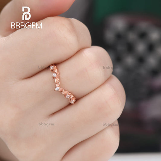 18K Rose Gold Over Silver Wedding Band Marquise Foliage Diamond Moissanite Leafy Women's Ring Anniversary Gift