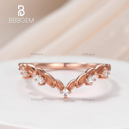 18K Rose Gold Over Silver Wedding Band Marquise Foliage Diamond Moissanite Leafy Women's Ring Anniversary Gift