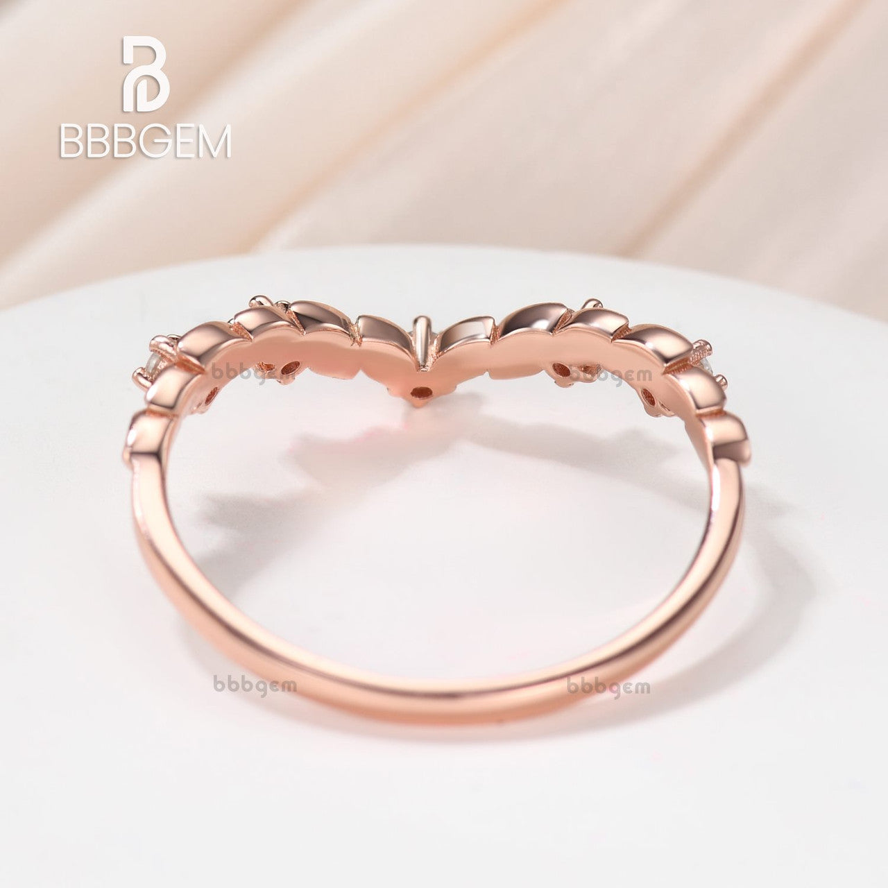 18K Rose Gold Over Silver Wedding Band Marquise Foliage Diamond Moissanite Leafy Women's Ring Anniversary Gift