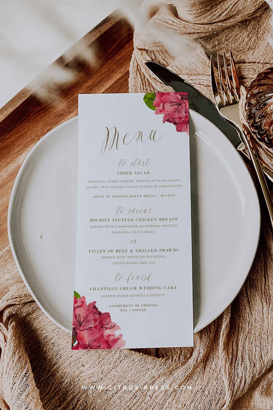 Bougainvillea Tropical Wedding Reception Menu Diy Printable Template