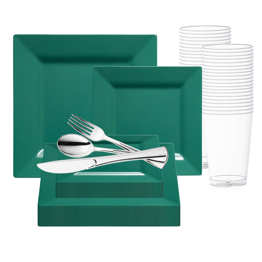 Hunter Green Square Plastic Plates Wedding Value Set