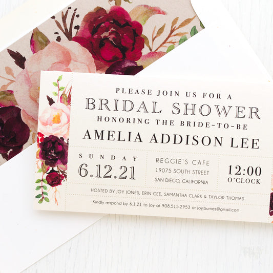 Burgundy Floral Bridal Shower Invitations