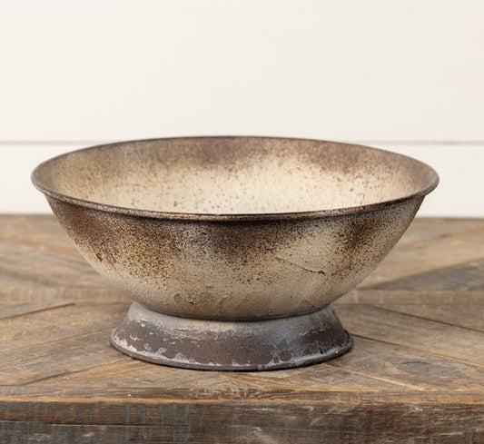 Distressed Brown and Cream Metal Bowl