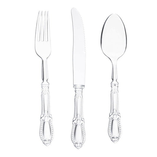 Clear Baroque Disposable Plastic Cutlery Set - 20 Spoons, 20 Forks and 20 Knives