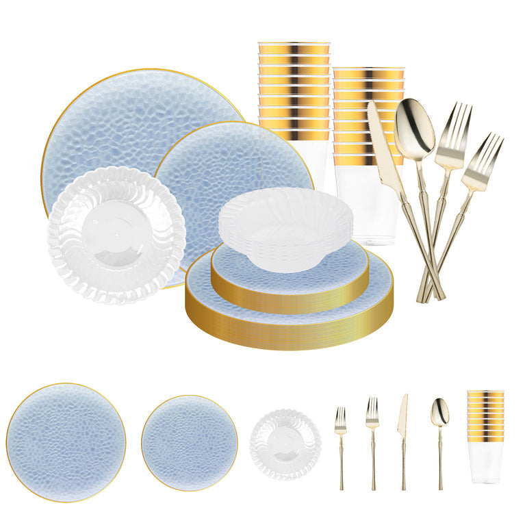 Clear Blue with Gold Rim Hammered Glass Disposable Plastic Tableware Set