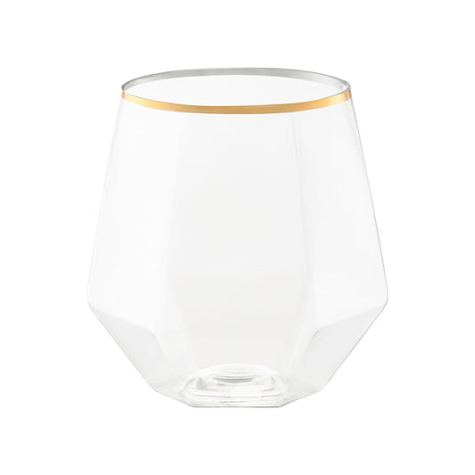 12 oz. Clear with Gold Rim Hexagonal Stemless Plastic Wine Goblets