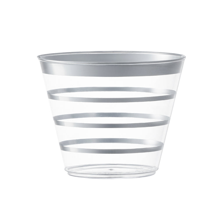 9 oz. Clear with Silver Stripes Round Disposable Plastic Party Cups