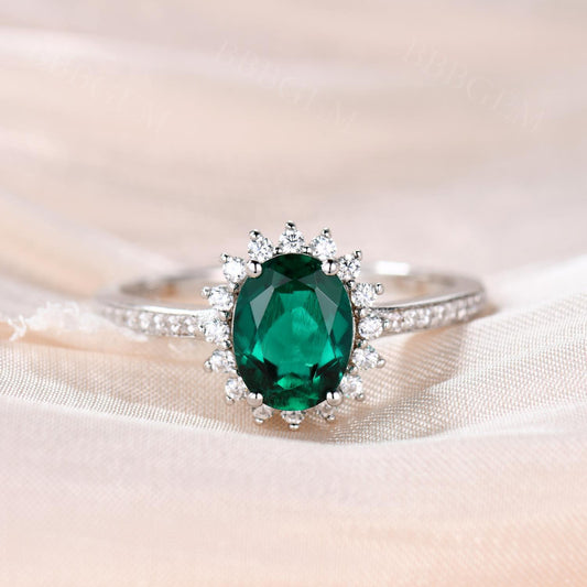Emerald Engagement ring 6x8mm Oval Cut Vintage Emerald Ring White Gold CZ Wedding Ring