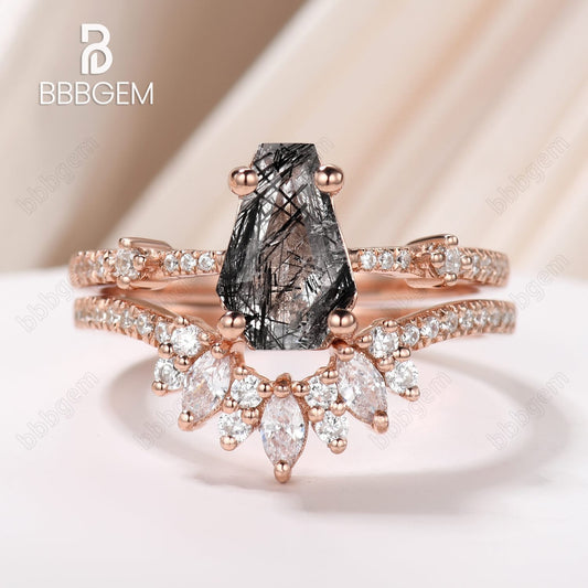 Dark Night Black Coffin Cut Wedding Ring Set Natural Rutilated Quartz Promise Bridal Set