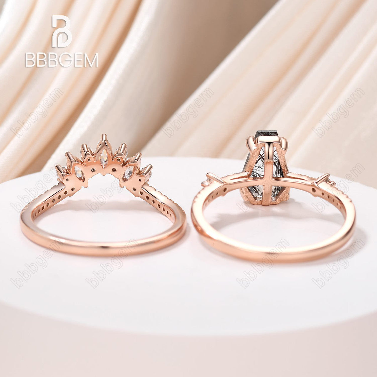 Dark Night Black Coffin Cut Wedding Ring Set Natural Rutilated Quartz Promise Bridal Set