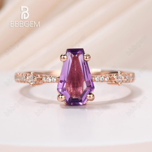 14k Rose Gold Coffin Crystal Solitaire Engagement Ring With Purple Amethyst Feb Birthstone