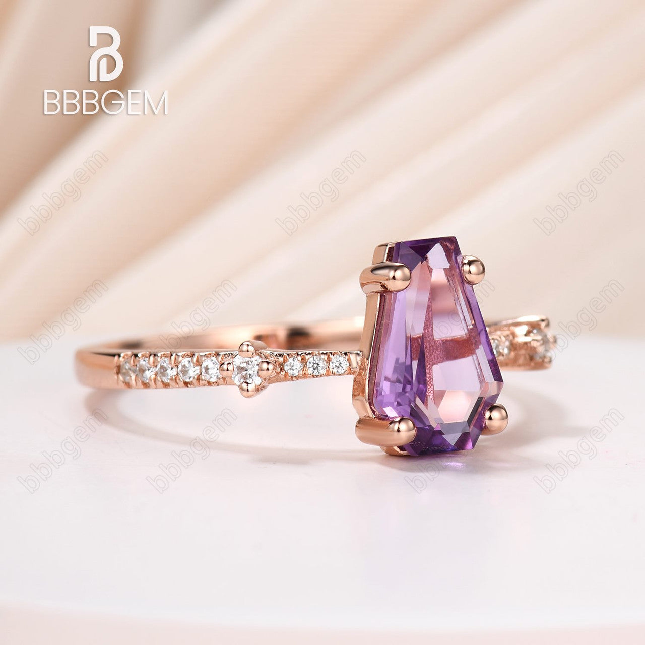 14k Rose Gold Coffin Crystal Solitaire Engagement Ring With Purple Amethyst Feb Birthstone