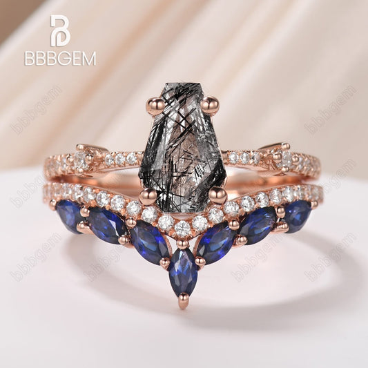 Gothic Black Quartz Coffin Ring Set Witch Black Rutilated Quartz & Blue Sapphire Gemstone Ring Jewelry 18K White Gold