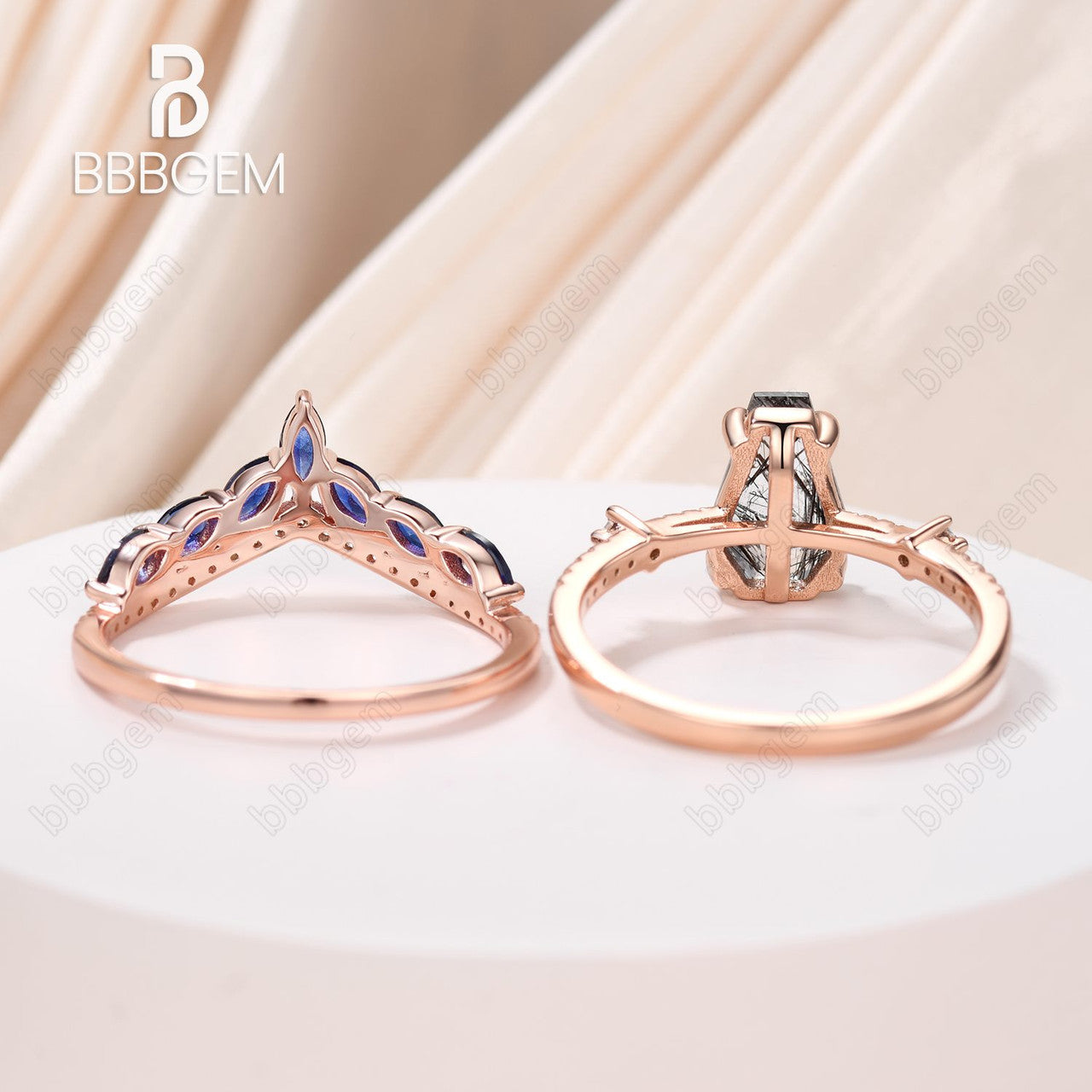 Gothic Black Quartz Coffin Ring Set Witch Black Rutilated Quartz & Blue Sapphire Gemstone Ring Jewelry 18K White Gold