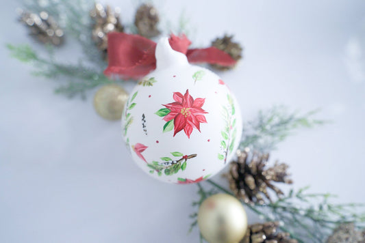 Hand painted winter florals on white matte glass ornament